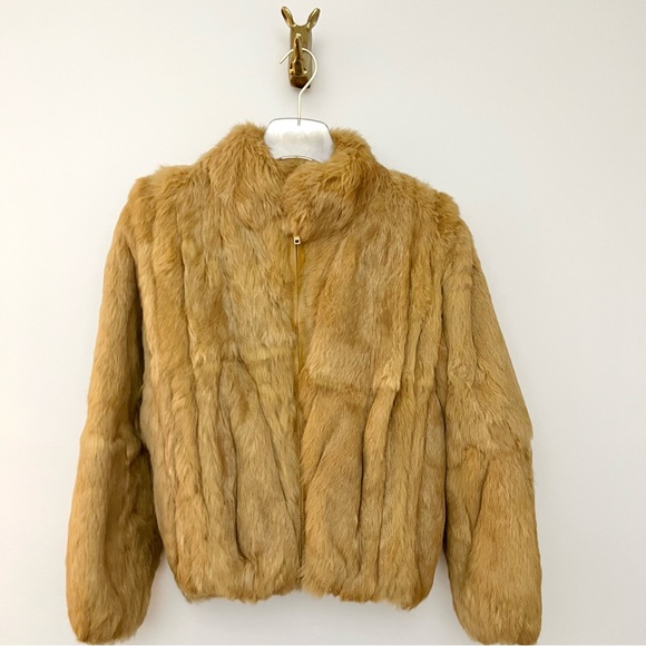 Vintage Caramel Genuine Rabbit Fur Bomber Coat - Picture 11 of 16